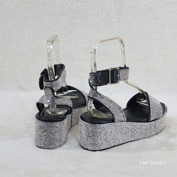 Flashy Black Silver Ankle Strap Sparkling Rhinestone Wedge 2" Platform Sandals - Picture 4 of 5